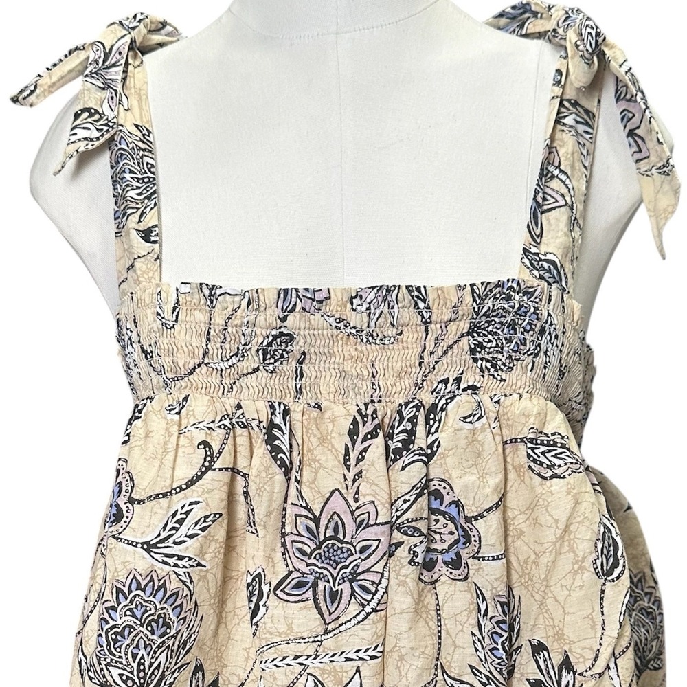 Angels Forever Young Top Women L Beige Floral Paisley Smocked Tie Strap Babydoll - Picture 2 of 9